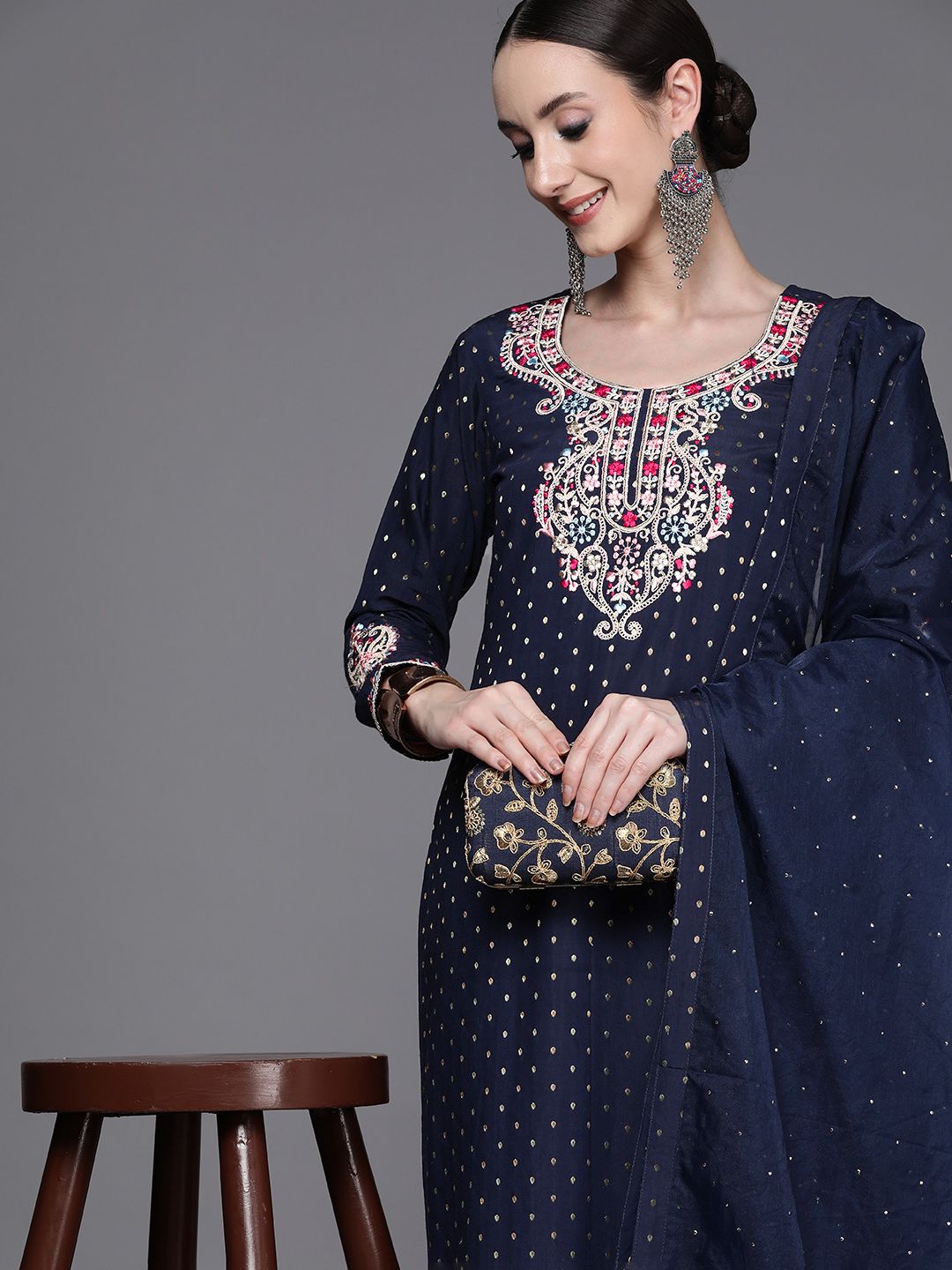Dhiyona IE Women Embroidered Thread Work Chanderi Silk Kurta with Trousers & With