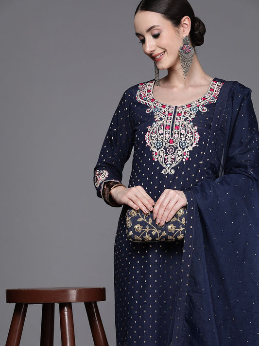 Dhiyona IE Women Embroidered Thread Work Chanderi Silk Kurta with Trousers & With