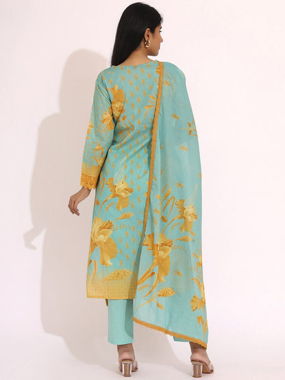 Dhiyona IS Women's Floral Printed Embellished Straight Kurta with Solid Pant and Dupatta