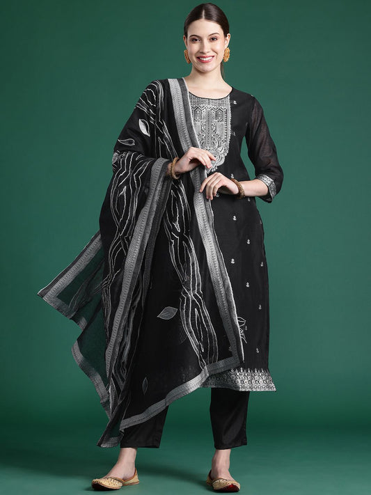 Woven Design Kurta With Trousers & Dupatta