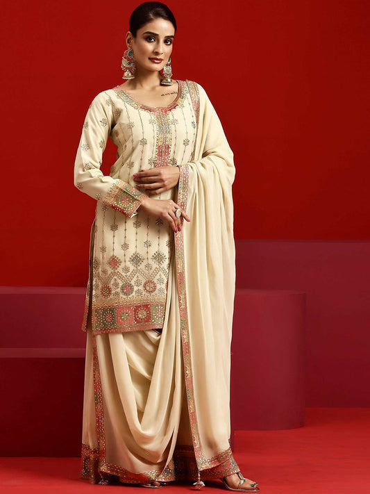 Dhiyona LL Ethnic Motifs Zari Embroidered Georgette Straight Kurta With Palazzos & Dupatta