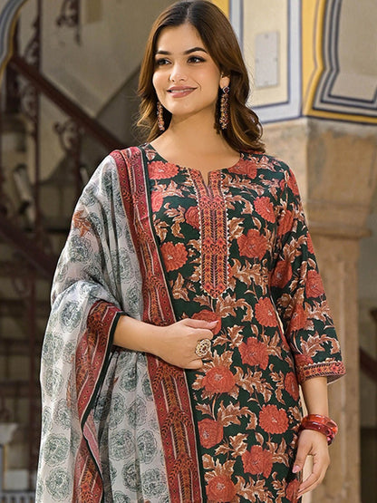 Dhiyona KL Women Floral Printed Round Neck Straight Kurta with Trousers & With Dupatta