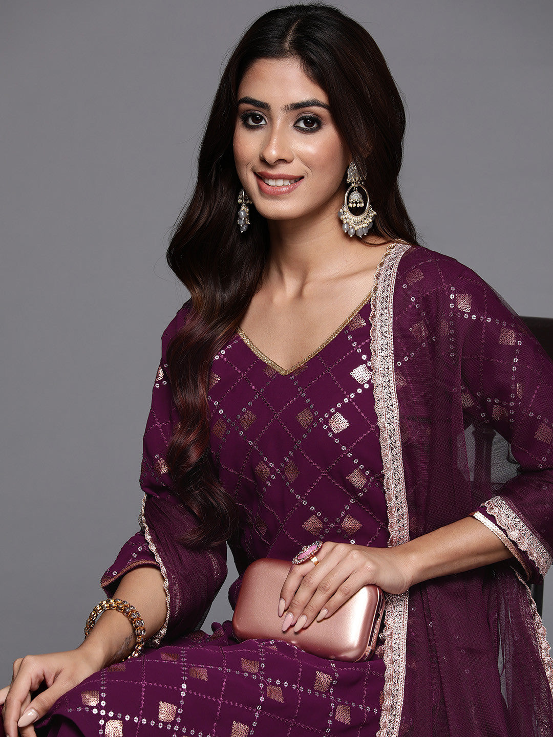 Women Embroidered Regular Sequined Kurta with Sharara & Dupatta