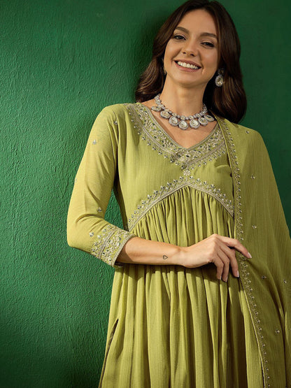 Floral Embroidered Alia Cut Kurta With Trouser & Dupatta