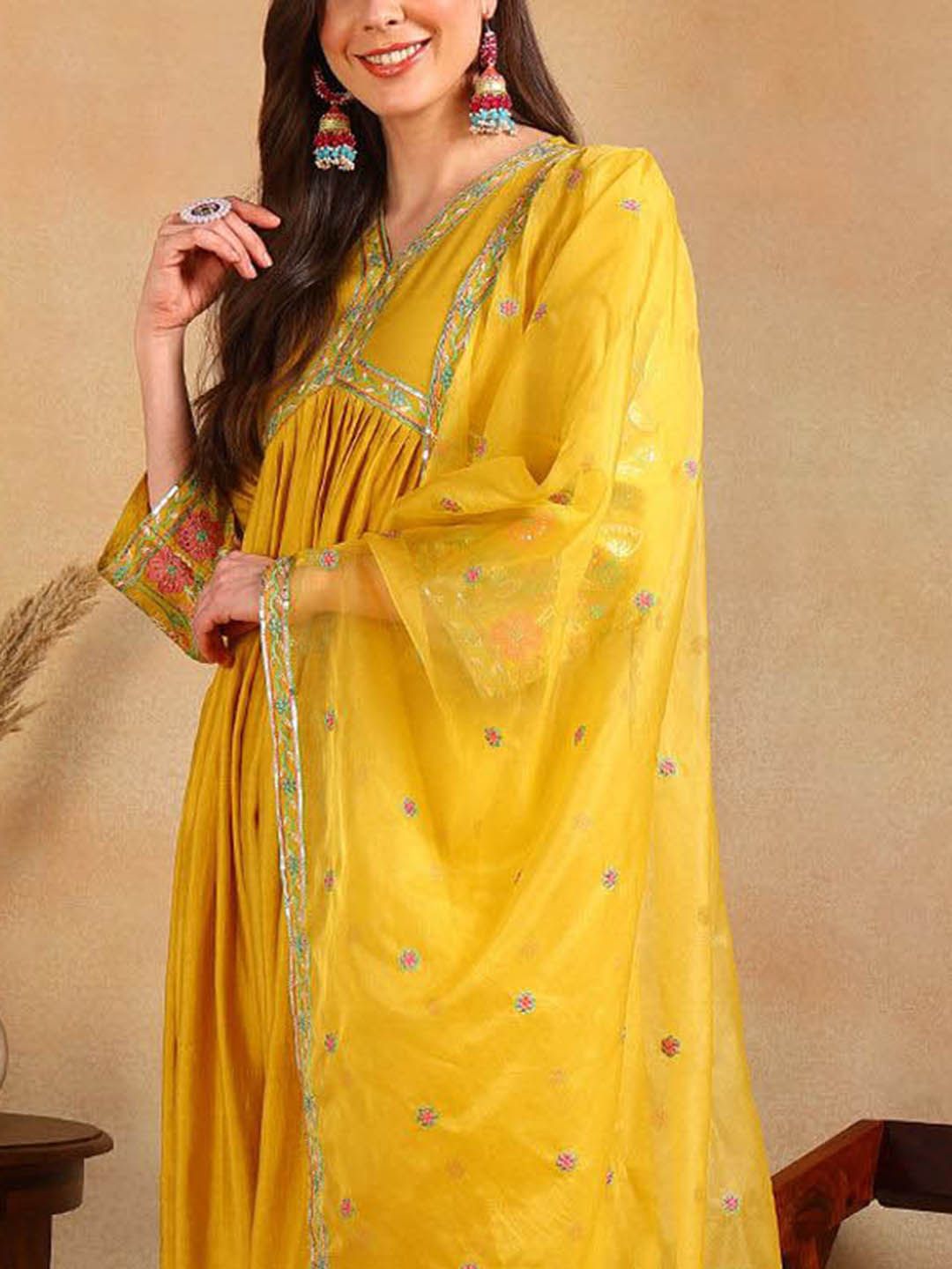 Dhiyona KL Floral Embroidered V-Neck Pleated Anarkali Kurta with Trousers & Dupatta
