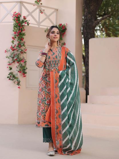 Dhiyona RR Women's Floral Printed Regular Pure Cotton Kurta with Trousers & With Dupatta