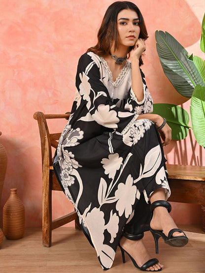 Floral Printed V-Neck A-Line Kurta With Trousers