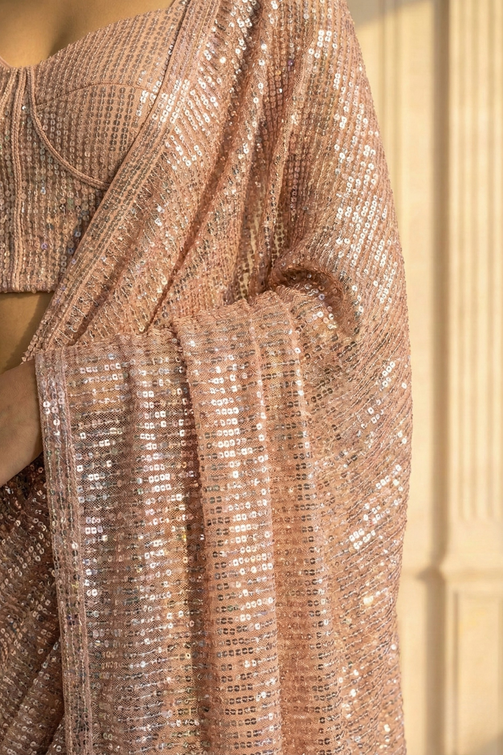 Dhiyona ST Blush Cream Knitted Sequin Saree with Blouse Fabric