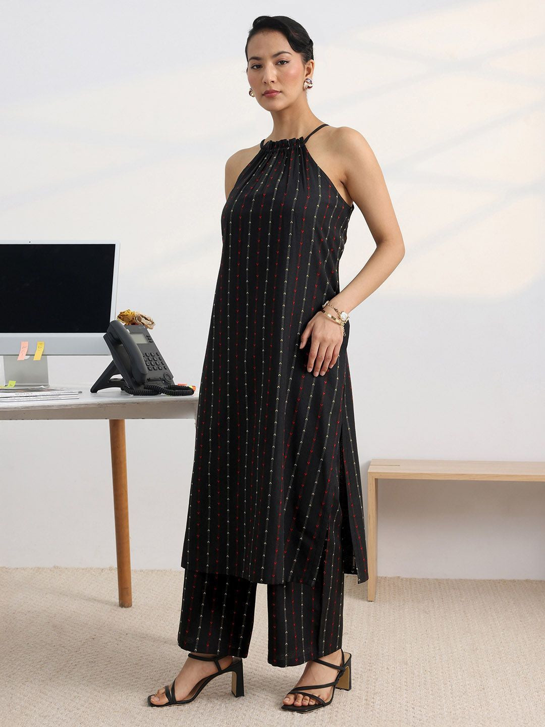 Libas Black Woven Design Halter-Neck Straight Kurta Set