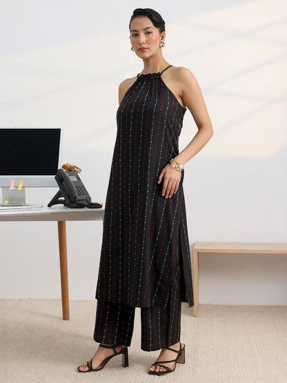 Libas Black Woven Design Halter-Neck Straight Kurta Set