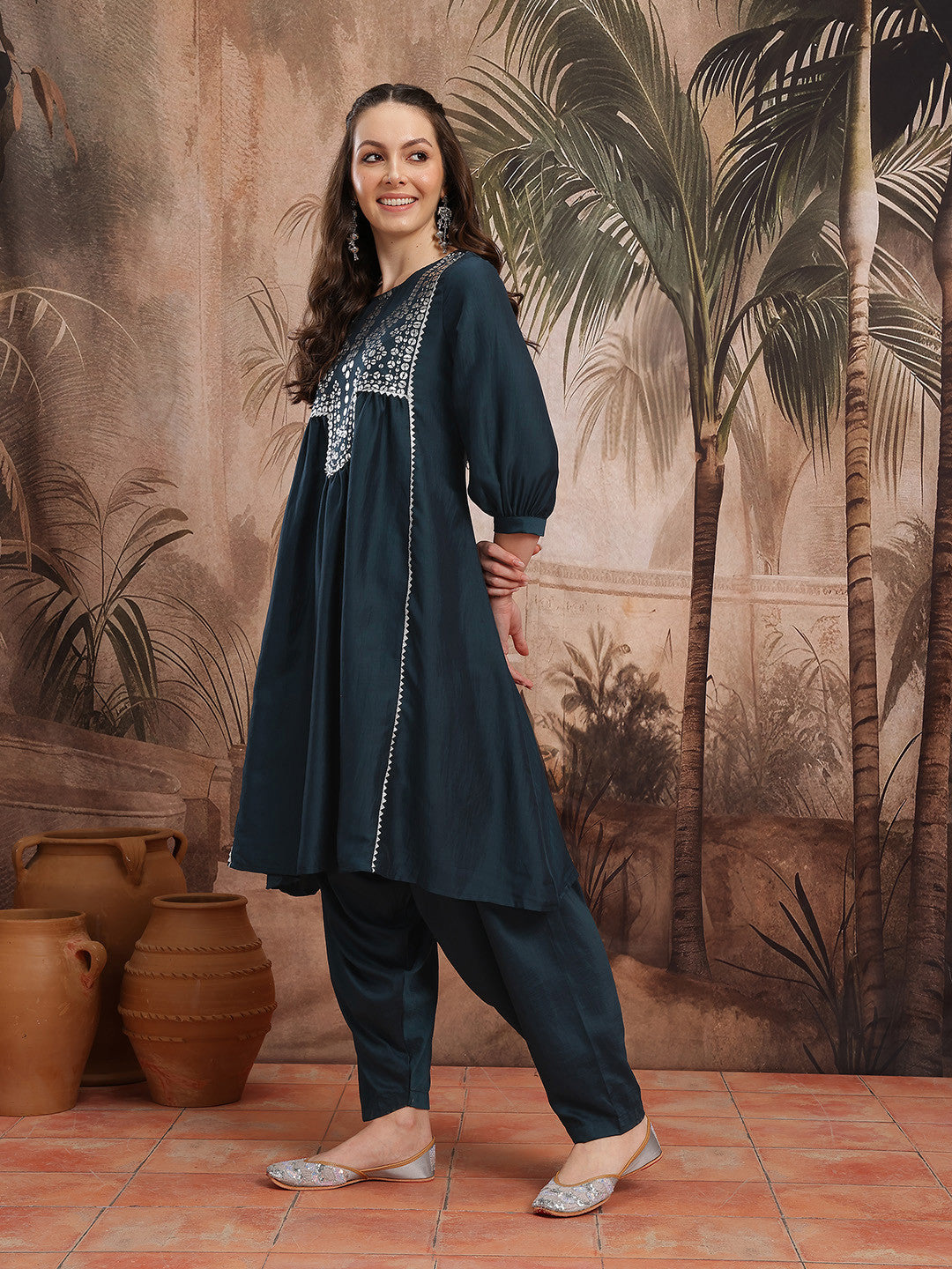 Ethnic Motifs Foil Print Gotta Patti Detail A-Line Kurta with Salwar & Dupatta