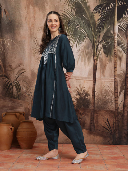 Ethnic Motifs Foil Print Gotta Patti Detail A-Line Kurta with Salwar & Dupatta