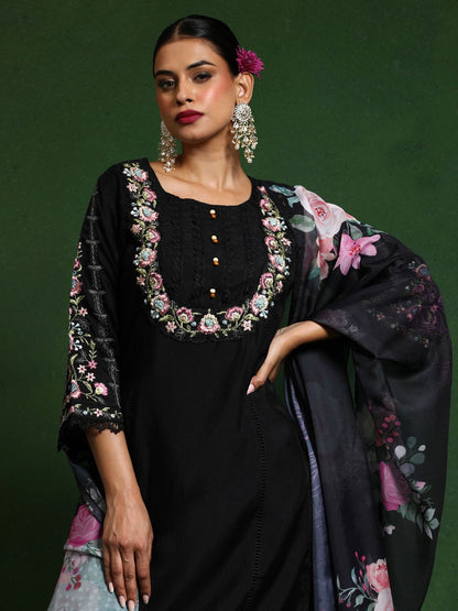 Black Women Floral Embroidered Regular Thread Work Pure Cotton Kurta with Trousers & With Dupatta