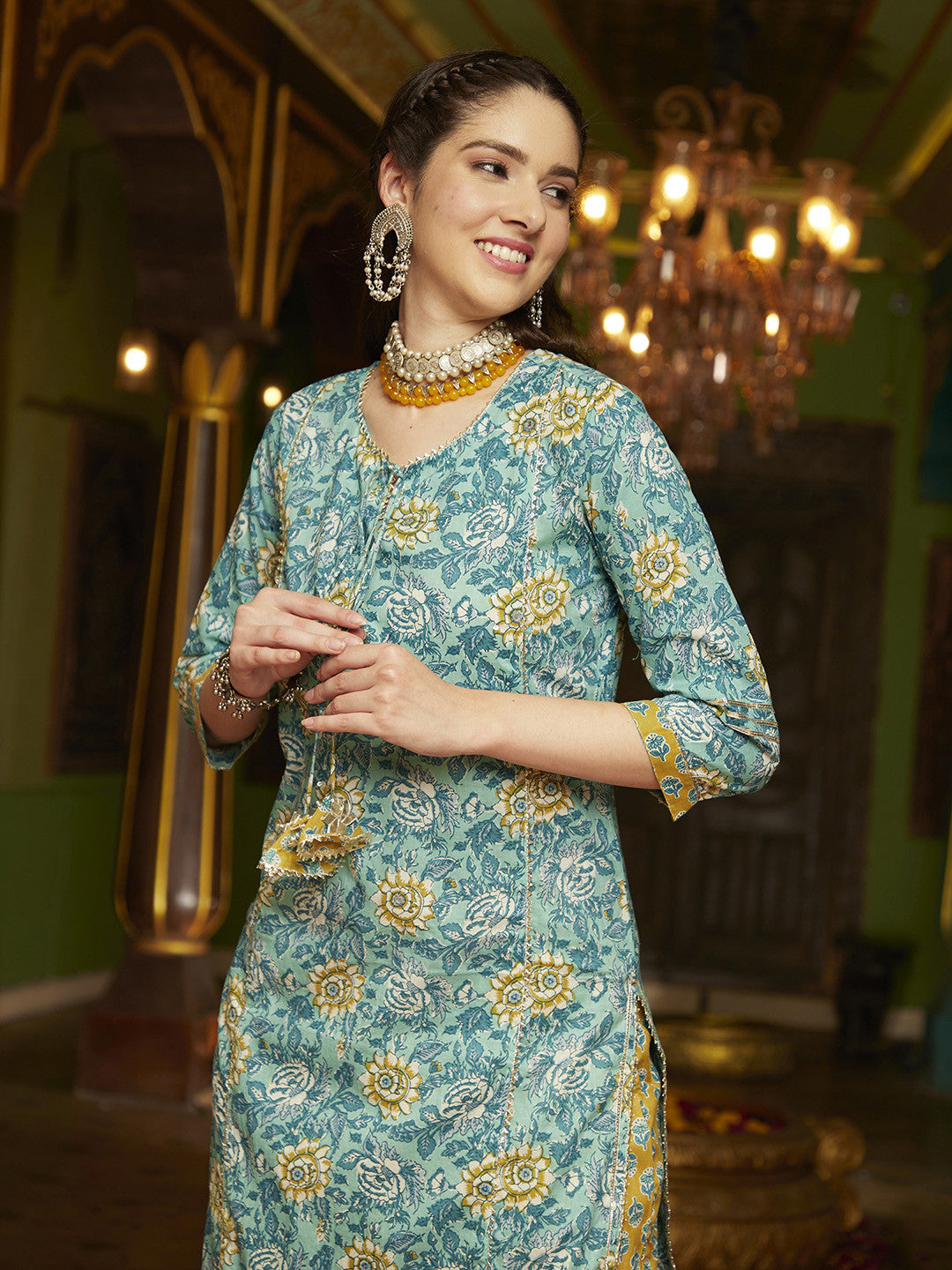 Floral Printed Pure Cotton Straight Kurta With Trouser & Dupatta Set