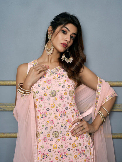 Dhiyona IN V-Neck Floral Embroidered Sequinned Detailed Kurta & Sharara With Dupatta
