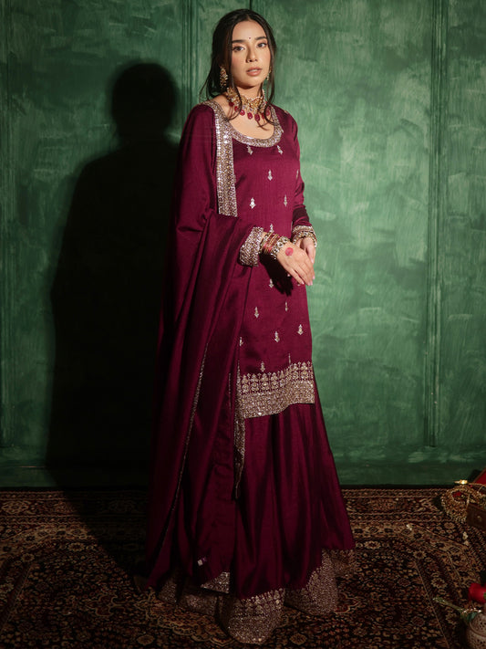 Ethnic Motifs Embroidered Zari Work Detail Straight Kurta With Palazzos & Dupatta