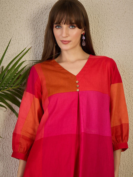 Dhiyona IE Women Pure Cotton Colourblocked A-Line Kurta With Pants Co-Ords