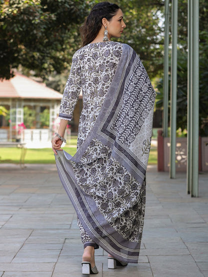 Dhiyona RR Women's Floral Printed Thread Work Pure Cotton Straight Kurta With Salwar & Dupatta