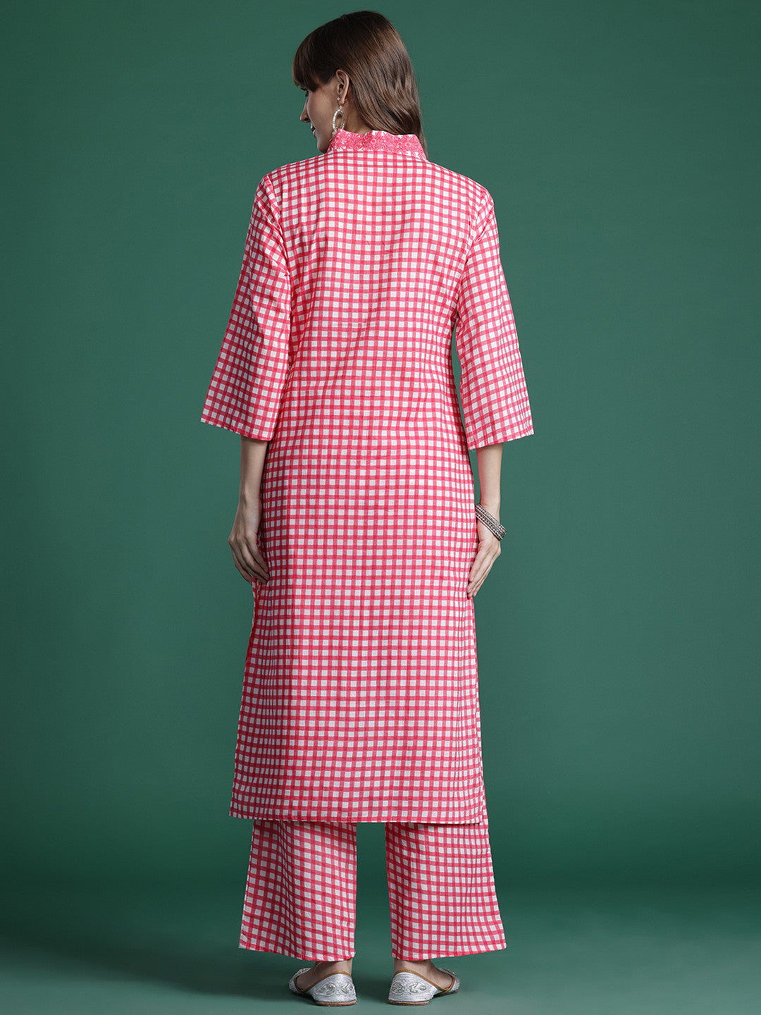 Checked Thread Work Pure Cotton Kurta with Trousers