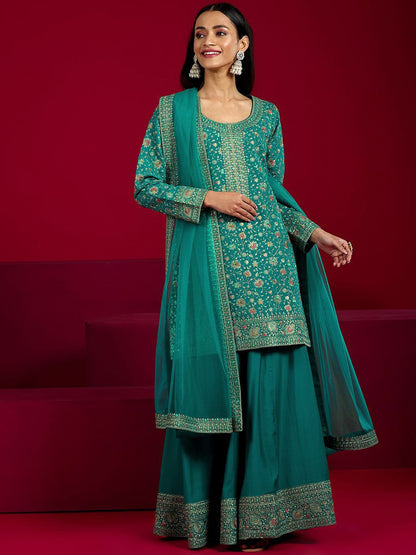 Dhiyona LL Floral Embroidered Round Neck Sequinned Straight Kurta With Palazzos & Dupatta