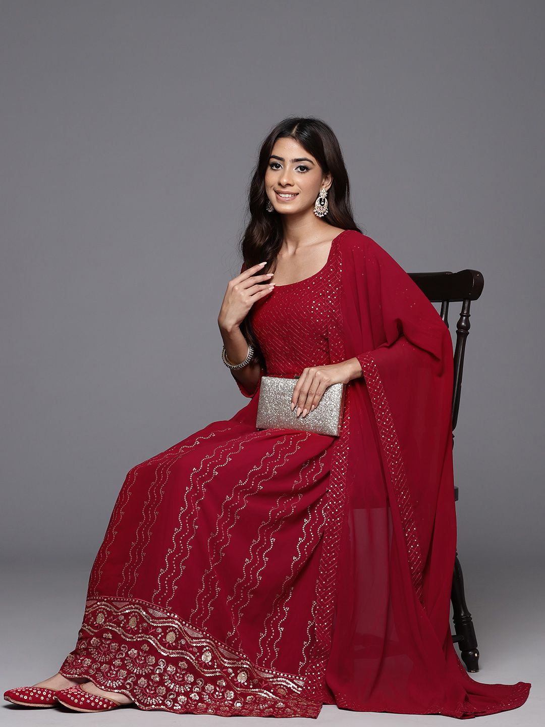 Dhiyona LL Women Ethnic Motifs Embroidered Pleated Sequinned Kurta with Palazzos & With Dupatta