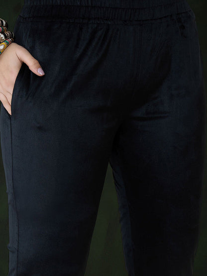 Black Geometric Yoke Design V-Neck Velvet Kurta With Trouser