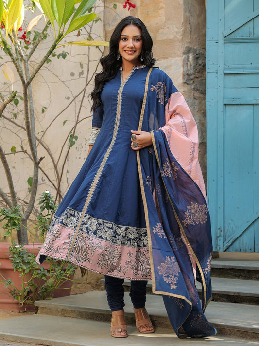 Dhiyona RR Women's Ethnic Motifs Printed Pure Cotton Anarkali Kurta With Churidar & Dupatta