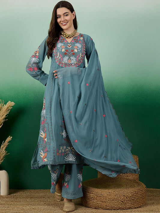 Dhiyona KL Floral Embroidered V-Neck Cuffed Sleeves Thread Work Kurta ,Palazzos & Dupatta