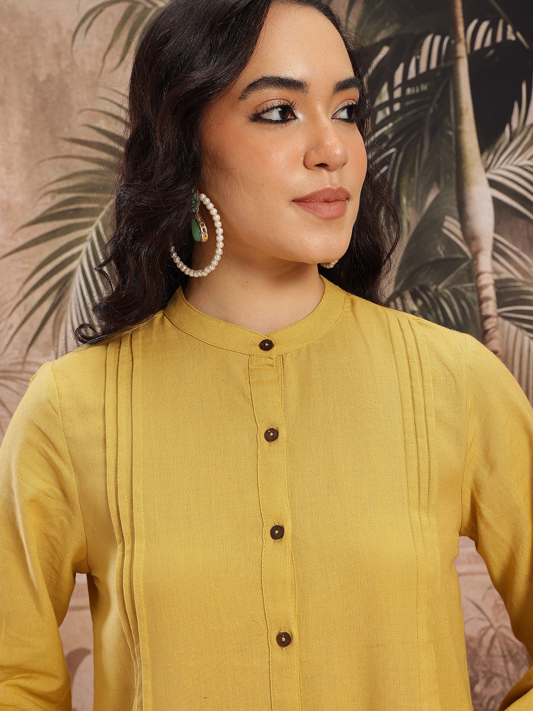 Pintucks Cotton-Linen Straight Kurti with Palazzos and Embroidered Waistcoat