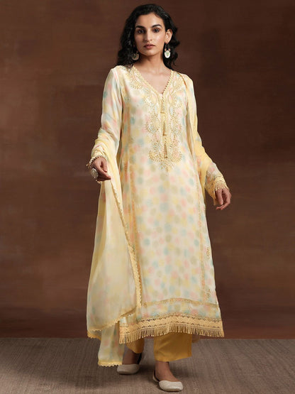 Dhiyona LL Yellow Floral Printed V-Nek Beads and Stones Straight Kurta with Palazzos & Dupatta