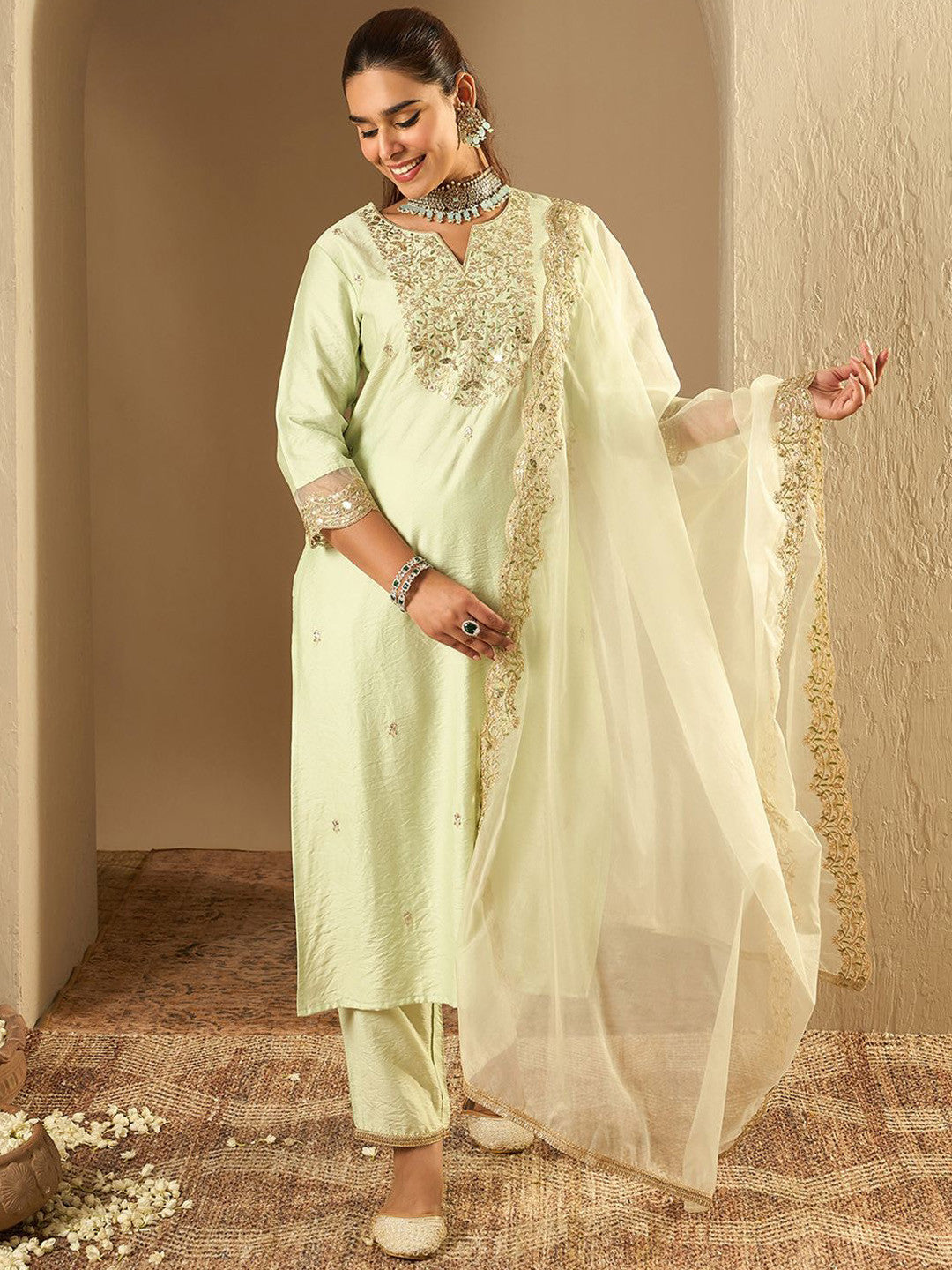 Floral Embroidered Notched Neck Liva Straight Kurta With Trousers & Dupatta