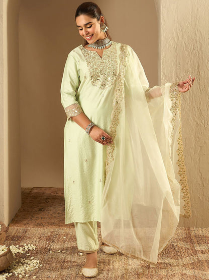 Floral Embroidered Notched Neck Liva Straight Kurta With Trousers & Dupatta