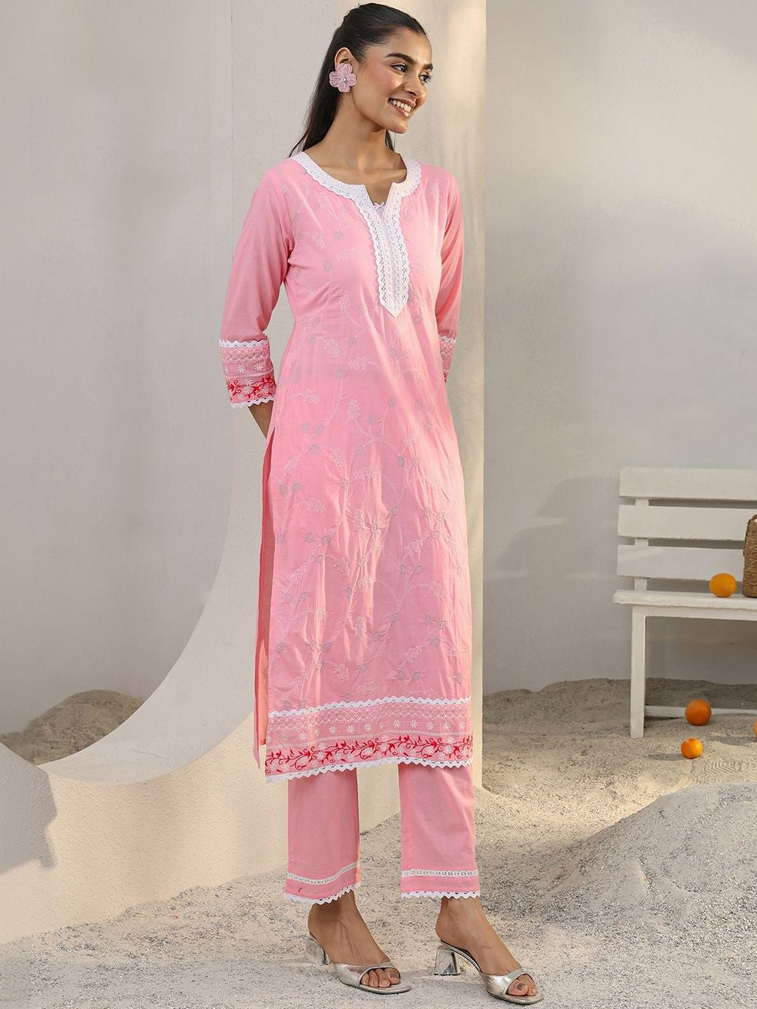 Pink Floral Embroidered Cotton Straight Suit Set With Dupatta