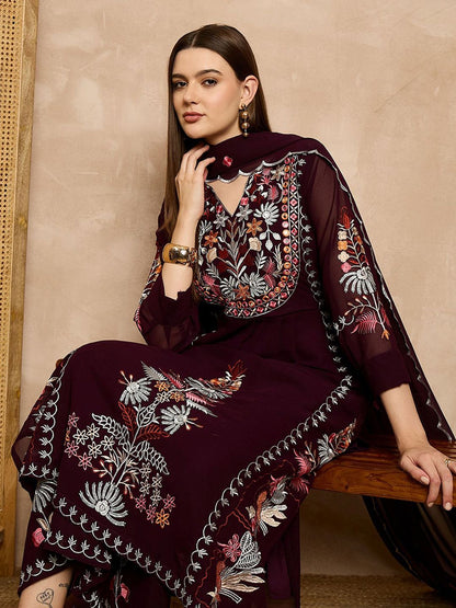 Dhiyona KL Floral Embroidered Mirror Work Kurta with Palazzos & Dupatta