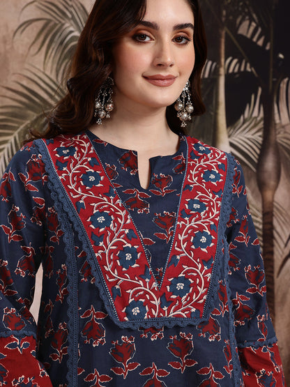 Floral Printed Pure Cotton Kurta with Trousers