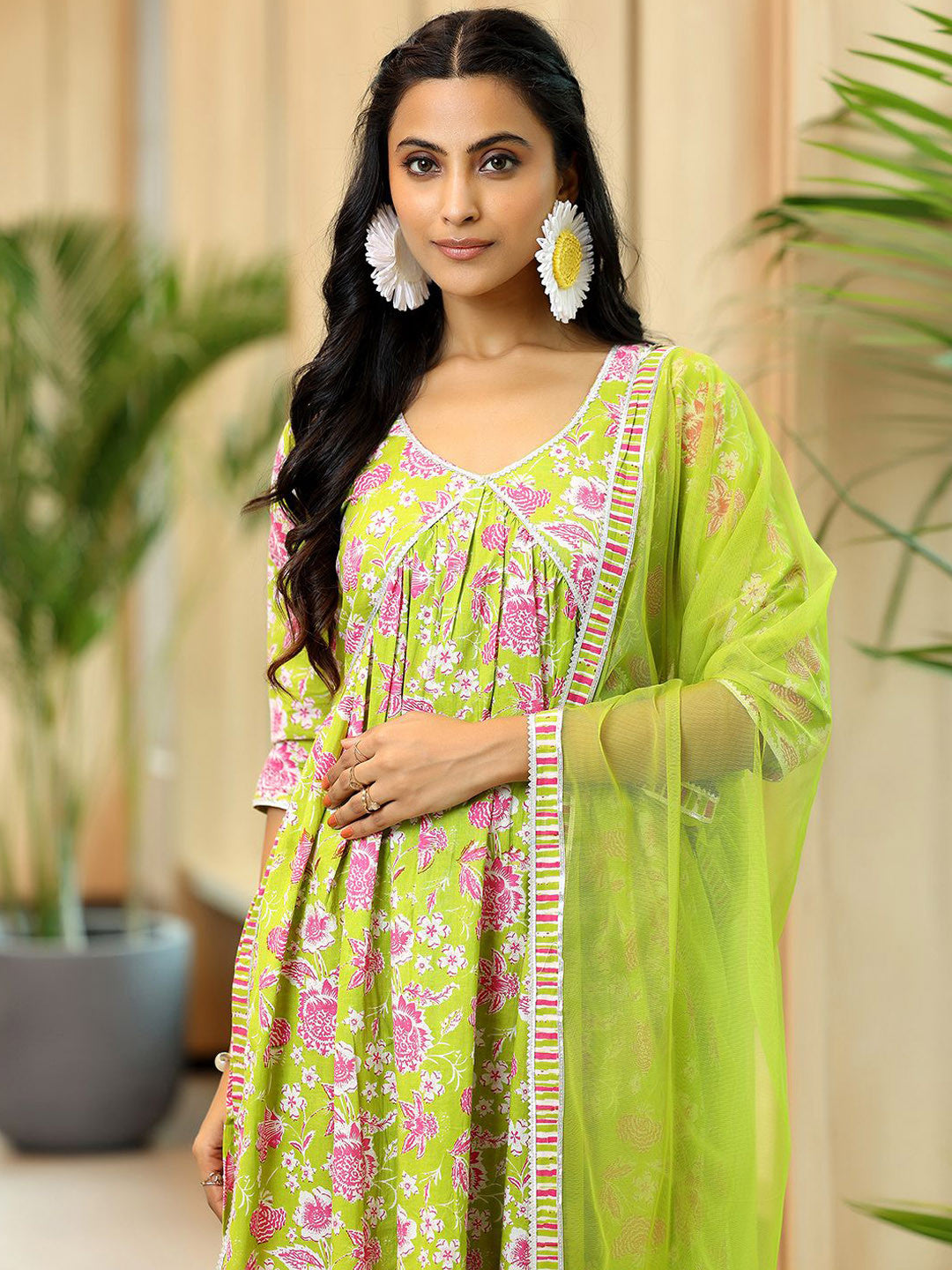 Floral Printed A-Line Empire Gotta Patti Pure Cotton Kurta with Palazzos & Dupatta