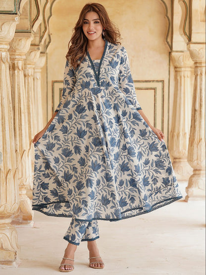 Dhiyona KL Floral Printed Regular Pure Cotton Kurta & Trousers With Dupatta