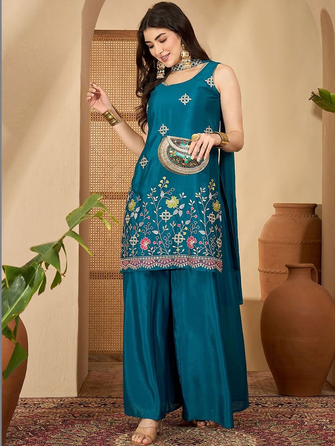 Dhiyona SN Embroidered Round Neck Straight Kurta & Palazzos With Dupatta