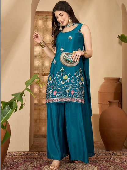 Dhiyona SN Embroidered Round Neck Straight Kurta & Palazzos With Dupatta