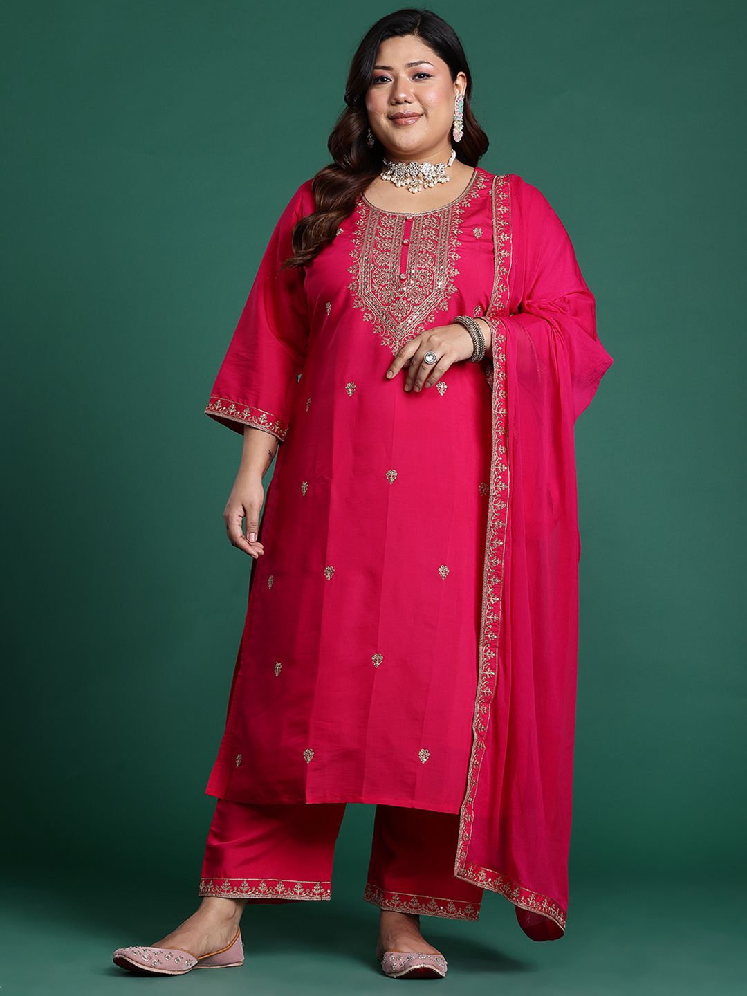 Dhiyona Women's Plus Size Ethnic Motifs Embroidered Sequinned Kurta with Trousers & With Dupatta