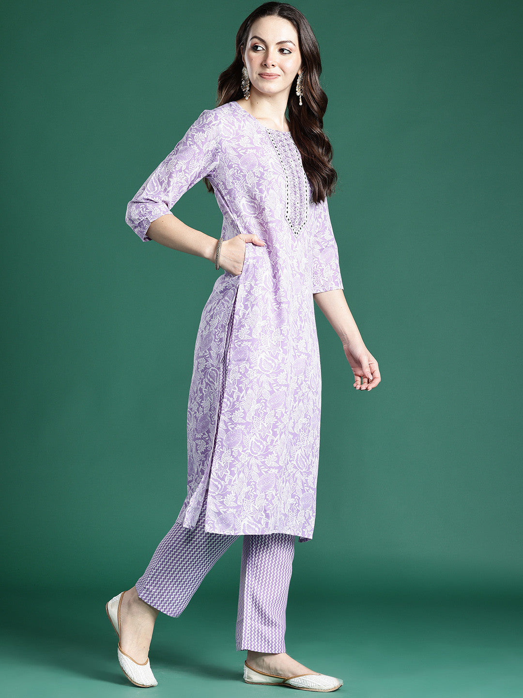 Floral Printed Kurta with Trousers & Dupatta