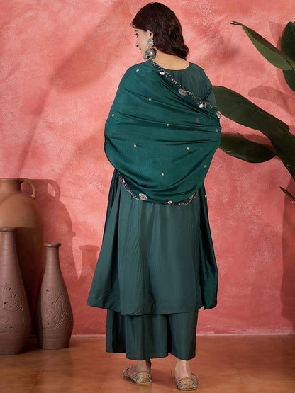 Dhiyona SN Floral Embroidered Thread Work A-Line Kurta & Palazzo With Dupatta