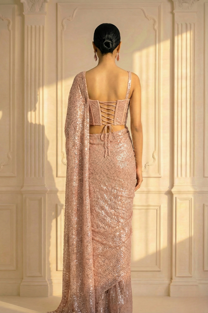 Dhiyona ST Blush Cream Knitted Sequin Saree with Blouse Fabric