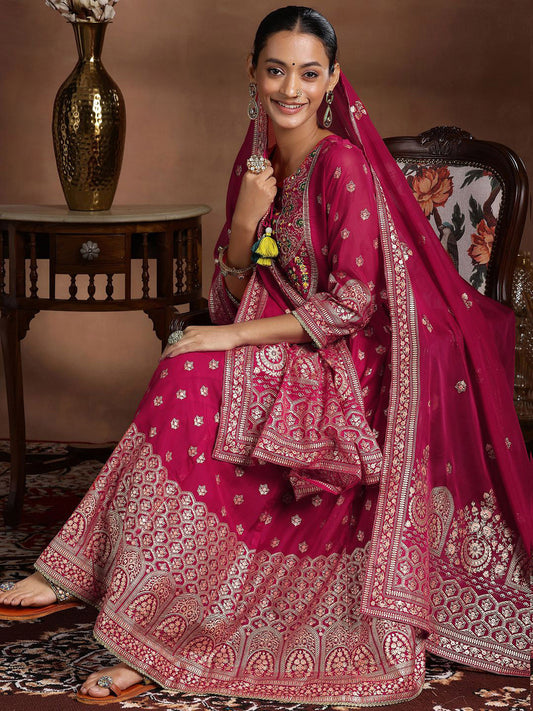 Womens Pink Printed Organza Anarkali Kurta With Trousers & Dupatta