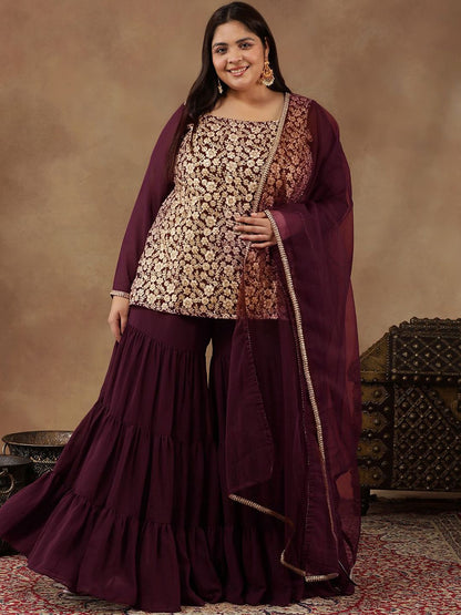 Dhiyona IN Floral Embroidered Regular Sequinned Straight Kurti with Sharara & Dupatta