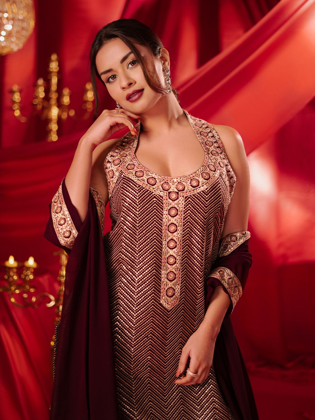 Dhiyona LL Chevron Embroidered Regular Sequinned Georgette Kurta With Palazzo With Dupatta