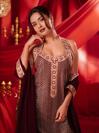 Dhiyona LL Chevron Embroidered Regular Sequinned Georgette Kurta With Palazzo With Dupatta