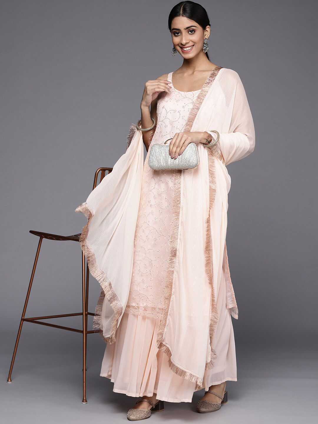Dhiyona KL Floral Embroidered Sequinned Net Kurta With Sharara & Dupatta