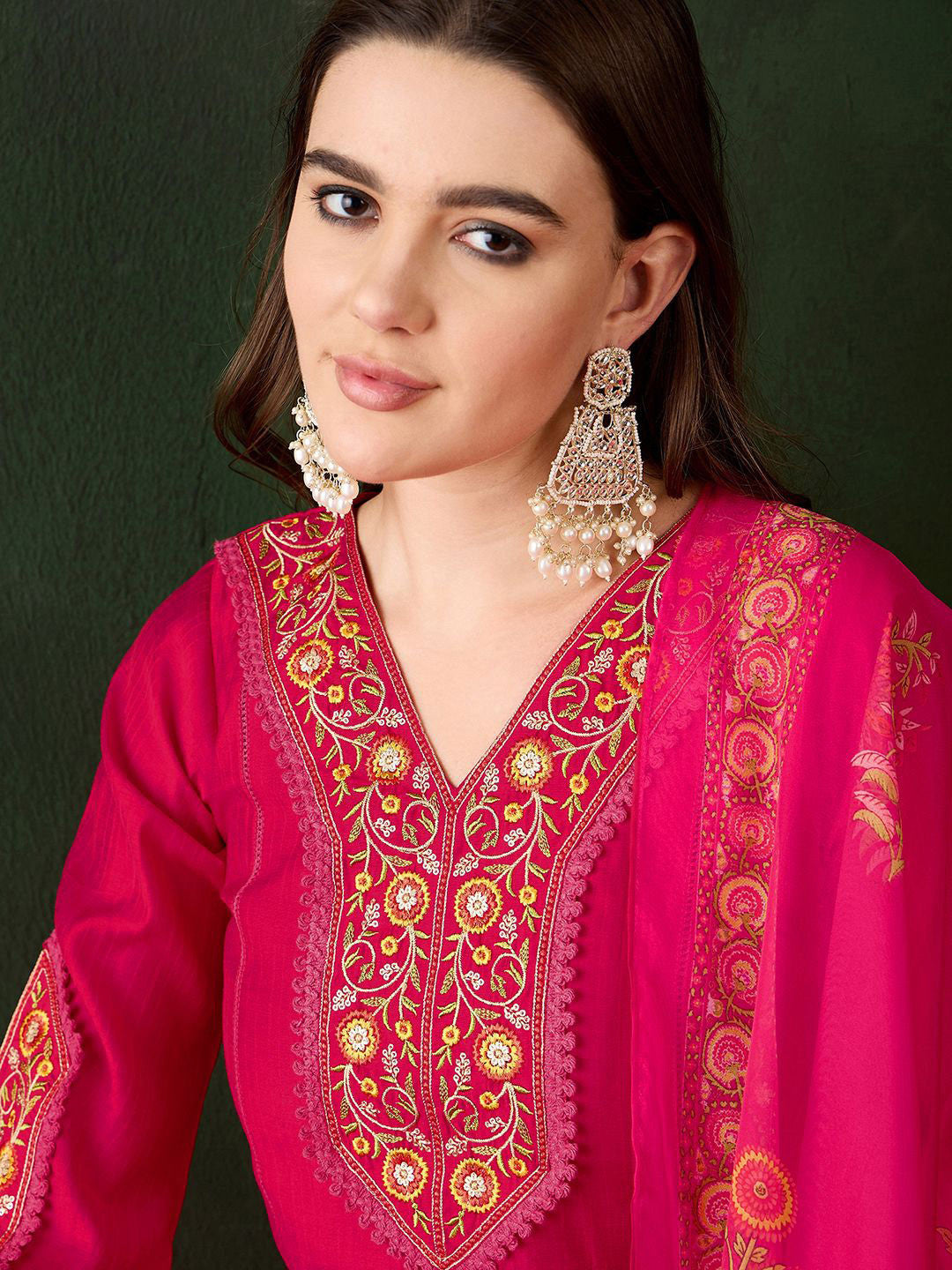 Floral Embroidered Thread Work Kurta with Trousers & Dupatta