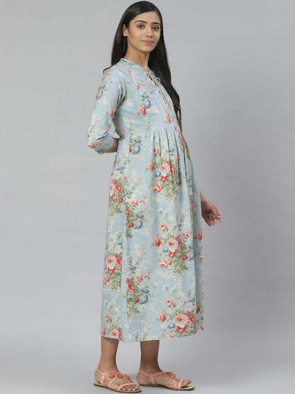 Dhiyona AY Women's Blue & Green Floral Printed Pure Cotton Maternity A-Line Dress